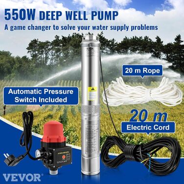 Заглибна насосна установка VEVOR 3' 550 Вт, макс. продуктивність 50 л/хв, напір 89 м, стійка до піску (5), 2850 об/хв, для прісної води, поливу та дренажу, срібляста