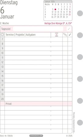 Вкладиш-календар Chronoplan 50606 2026 (міні-щоденник (79x125 мм), змінний календар для планувальників зустрічей, щоденник, ідеально підходить для детального щоденного планування, 1 день на сторінці, з універсальним перфоратором) білий