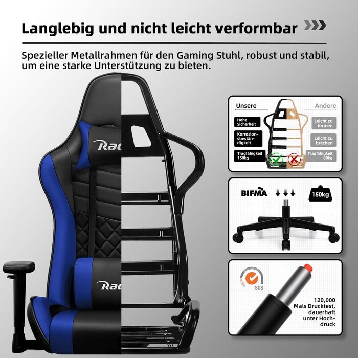 Геймерське крісло, ігрове крісло з функцією гойдання до 170, геймерське крісло з регульованою поперековою подушкою, підголівником та підлокітниками, офісне крісло зі зручними подушками сидіння, ігрове крісло вантажопідйомністю 150 кг