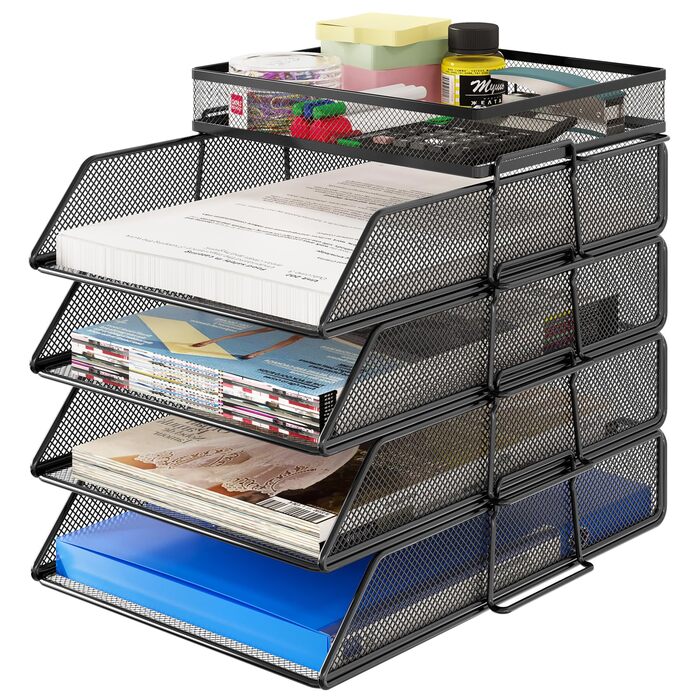 Настільний органайзер TQVAI з 4 відділеннями та верхнім лотком, металевий лоток для документів, лоток для паперу A4, органайзер для журналів для офісу, дому та школи, чорний