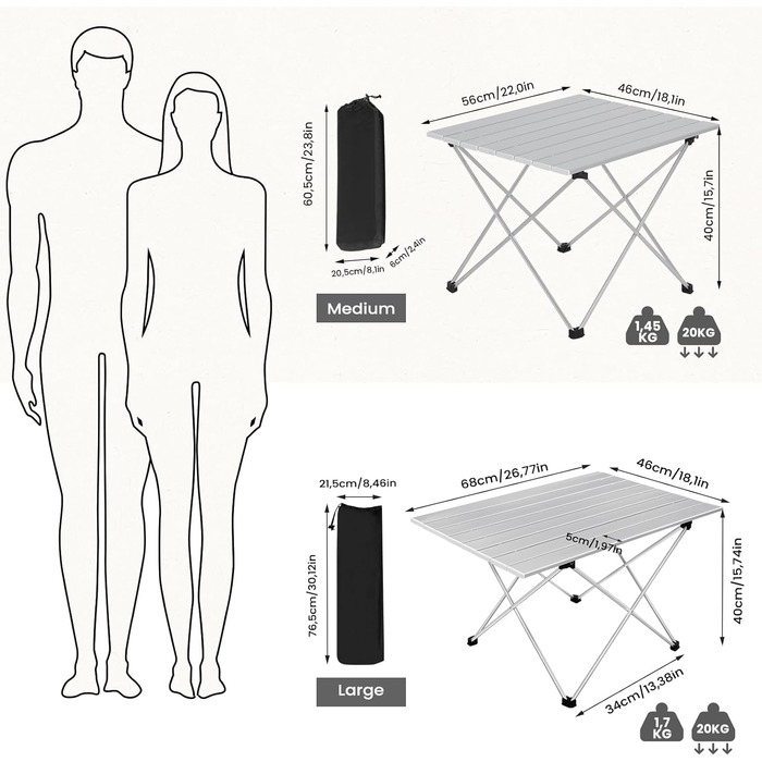 Алюмінієвий складаний кемпінговий стіл WOLTU, ультралегкий портативний з сумкою для перенесення, маленький дорожній столик, бічний столик для кемпінгу, пікніків, риболовлі на свіжому повітрі, 68 x 46 x 40 см, сріблястий