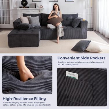 Кутовий диван MAXYOYO з вельвету з підсклянником, модульний диван, що трансформується в L-подібний та двоспальний диван, 3-місний диван без кісток для вітальні, не потребує складання, сірий, L-подібний