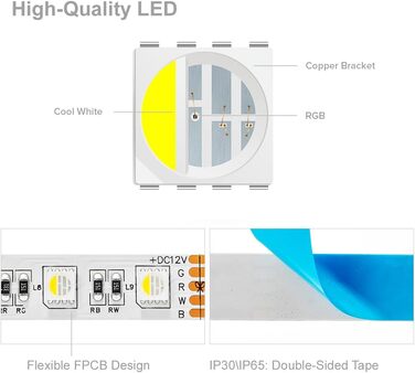 Теплий білий (2700K-3000K) 4 кольори в 1 Світлодіод 5м 60 світлодіодів/м Багатобарвна світлодіодна стрічка IP65 Силіконове покриття Водонепроникна біла друкована плата DC12V для прикраси інтер'єру (Rgbхолодний білий 4 кольори в 1, IP 30), 5050 RGBW RGB