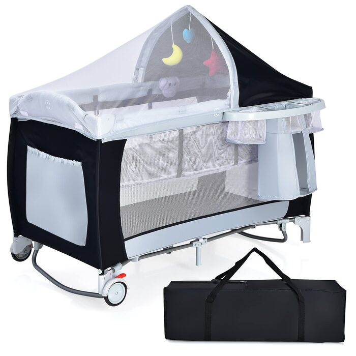 Складане дорожнє ліжечко COSTWAY 4-в-1, дитяча колиска, пеленальний столик та манеж з функцією гойдання, включаючи музичний мобіль, ігрову арку, пеленальний килимок, матрац, органайзер для підгузків та сумку для перенесення (чорний)