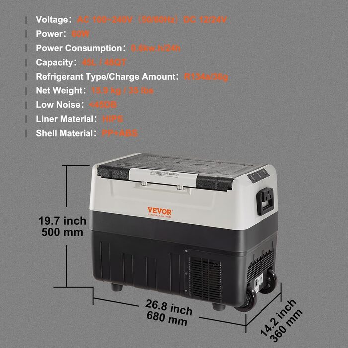 Кемпінговий холодильник VEVOR 45 л Cool Box, 12/24 В рухома електрична морозильна камера 2 в 1 з двома зонами, автомобільний компр