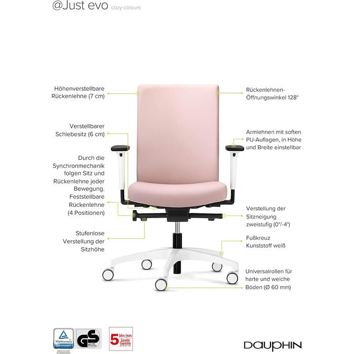 Ергономічне офісне крісло, зроблене в Німеччині Зручна спинка з регулюванням висоти Індивідуально регульована глибина сидіння (світло-рожевий)