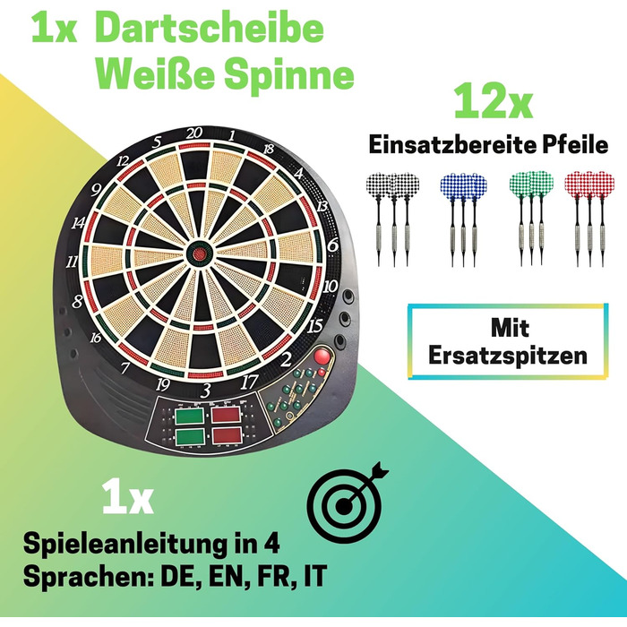Найкращий спортивний електронний дартс Coventry - 27 ігор зі 159 варіаціями, до 16 гравців, 12 дротиків та запасні наконечники, світлодіодні дисплеї, звуковий ефект (білий павук)