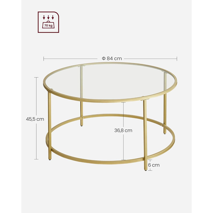 Круглий журнальний столик VASAGLE, стіл для вітальні зі сталевим каркасом, журнальний столик, бічний столик, золотий LGT21G золотистого кольору