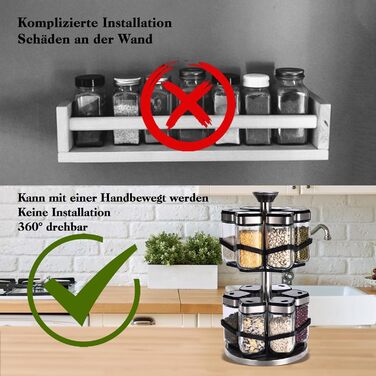 Обертова підставка для спецій з 2 ярусами та 12 баночками для спецій по 120 мл, розмір отвору у формі годинника на 360, карусель для спецій, що обертається на 360, підставка для спецій з нержавіючої сталі, органайзер для спецій для легкого доступу до спец