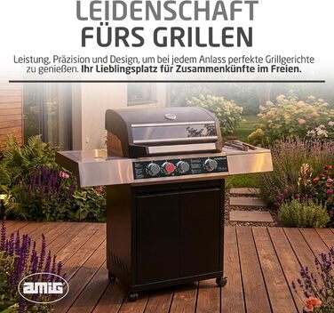 Газовий гриль Amig Fireplus XL GRILL-2 4F (129 x 55 x 115 см) чавунна решітка (60 x 41,5 см), термометр, бічна полиця, нижня шафа та колеса з гальмами, чорний