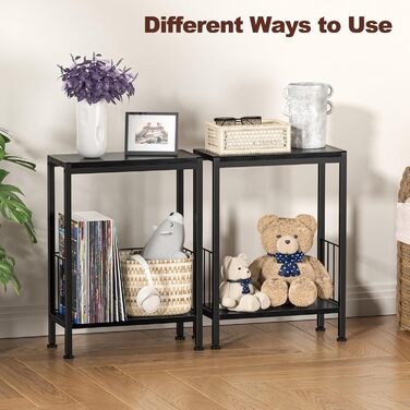 Вузький приставний столик, тонкий приставний столик з полицею для журналів, 2 полиці, вузька тумбочка біля ліжка, маленький журнальний столик для вітальні, спальні, кабінету, 20 x 43 x 58 см (Чорний)