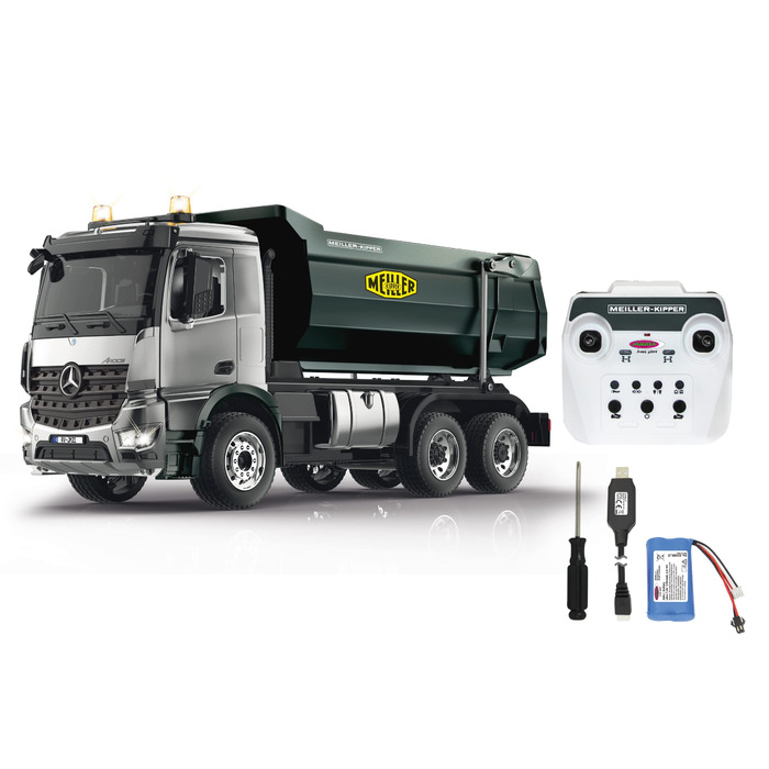 Модель самоскида Mercedes-Benz Arocs Meiller Metal 120 2,4GHz Підйомний механізм 15 кг, металеві шестерні, металевий кузов, повний привід (4WD), підвіска, гумові шини, LED освітлення / сигнальні вогні