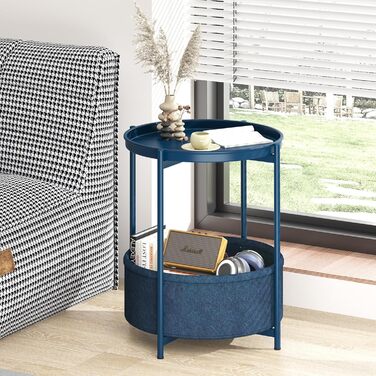 Круглий журнальний столик, маленький столик, металевий балконний столик, 2-ярусний диванний столик, журнальний столик з тканинним кошиком, тумбочка, столик для вітальні, журнальні столики для спальні, тераси, синій