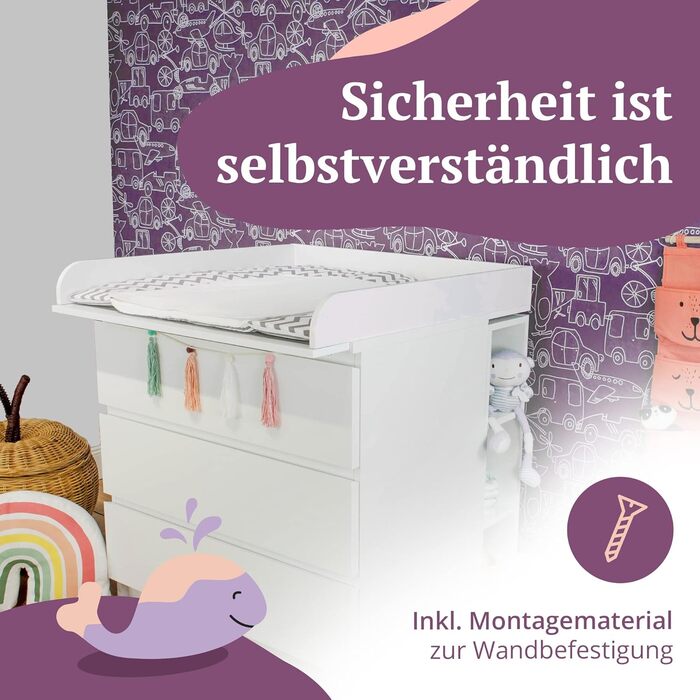 Пеленальний килимок преміум-класу, сумісний з комодами IKEA Malm тощо. 80x78x10 см пеленальний матрацик з білого дерева МДФ високо