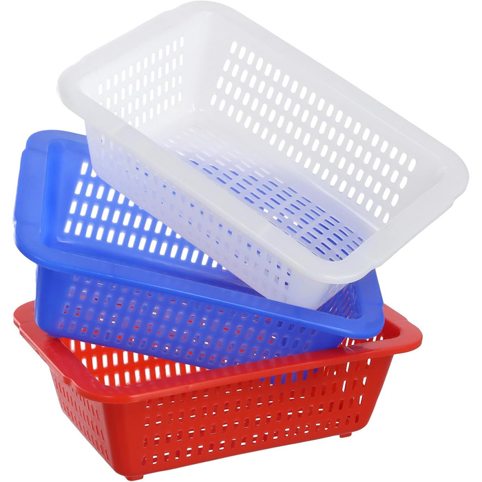 Набір пластикових кошиків для зберігання FUNSUEI з 24 предметів, маленькі кольорові кошики для зберігання, 3 кольори, маленькі пластикові кошики для зберігання та організації, синій, червоний, білий, 23 x 16 x 7 см