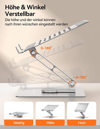 Стійка для ноутбука TECKNET поворотна на 360, регульована по висоті, складана, ергономічна підставка для ноутбука на стіл. Сумісна з MacBook Air/Pro до 16. Срібляста.