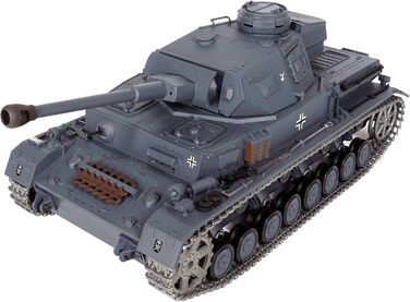 Модель німецького танка Panzerkampfwagen IV, масштаб 1/16, радіокерування 2,4 ГГц (Модифікована версія TK6.0) поворотна вежа на 360 градусів, сталеві шестерні, акумулятор NiMH 3800 mAh, металеві гусениці, зірочки та напрямні колеса.