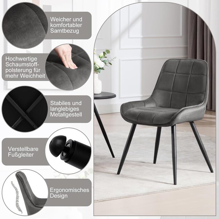 Обідні стільці WOLTU, Комплект з 2 шт. , М&39які оксамитові стільці, М&39які кухонні стільці, Акцентні стільці для вітальні, спальні, кухні, Ергономічні стільці зі спинкою, Темно-сірий, BH331dgr-2 Темно-сірий оксамит