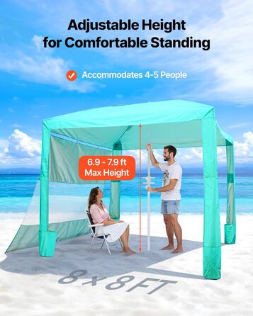 Пляжний намет VEVOR, 2,4 x 2,4 м з бічною стінкою, захист від сонця UPF 50, пляжний павільйон з мішками з піском, регульована по висоті портативна сонцезахисна навіс для родини та друзів, зелений