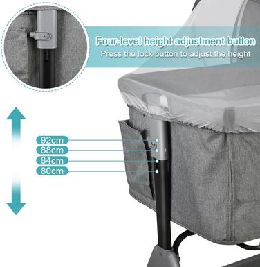 Дитяче ліжечко 3-в-1, дитяча колиска та дорожнє ліжечко, 4-рівневе регулювання висоти дитячого ліжечка, відкидне ліжко, колиска для дітей вагою до 25 кг - 104 x 52 x 100-110 см - Білизняно-сірий колір