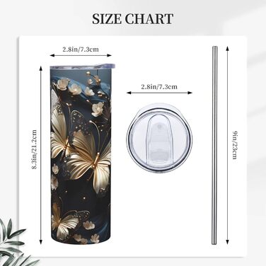 Кухоль з прямою трубочкою, 590 мл, золотистого кольору, білі метелики, чорний, з принтом, дорожній кухоль, підходить для кемпінгу, офісу та дому