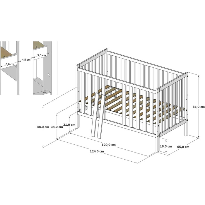 Дитяче ліжечко, ліжко Bambi 2-в-1 - Трирівневе регулювання для дитини, яка не сидить, сидить та стоїть - Два знімні поручні - з захисним бортиком - 60x120x86 см, Кашемір