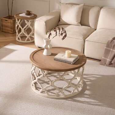Круглий журнальний столик, дерев&39яний стіл для вітальні з ажурними ніжками, сучасний диванний столик з піднятими краями для вітальні/спальні, круглий журнальний столик Ø76x41см (Ø76x41см)
