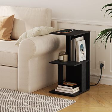 Журнальний столик із зарядною станцією, С-подібний приставний столик із сенсорним світлодіодним підсвічуванням, що перезаряджається, приставний столик до дивана з полицями, тумбочка для спальні, вітальні, чорний AETHB18UE01