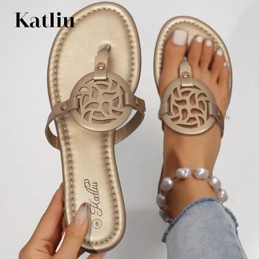 Жіночі літні шльопанці katliu, елегантні сандалі-стрінги для пляжу та міста, легкі, зручні, модні сандалі, розміри 36-42 (EU 42), золоті