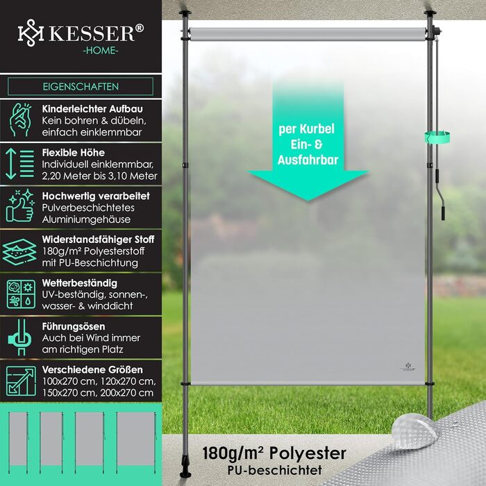 Вертикальний тент KESSER із затискачем 200x310 см, розсувний та непрозорий, з ручним приводом, не потребує свердління, екран для балкону та вітрозахисний екран для саду та тераси, водонепроникний, сірий, 200x310 см, сірий