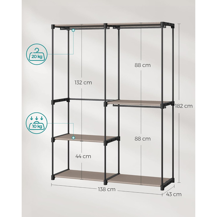 Відкрита шафа, вішалка для одягу, штанга для одягу, шафа, 3 підвісні полиці, багато місця, для спальні, вітальні, 138 x 43 x 182 см, сіро-коричневий RYG025R02 сіро-коричневий 138Д x 182В см