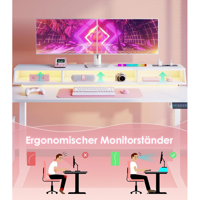 Ігровий стіл OffiGo, стіл з регульованою висотою 140 см, RGB-підсвічуванням та розетками, електричний стіл з 3 відкритими відділеннями для зберігання, тримач для напоїв та навушників, карбонова поверхня білого кольору