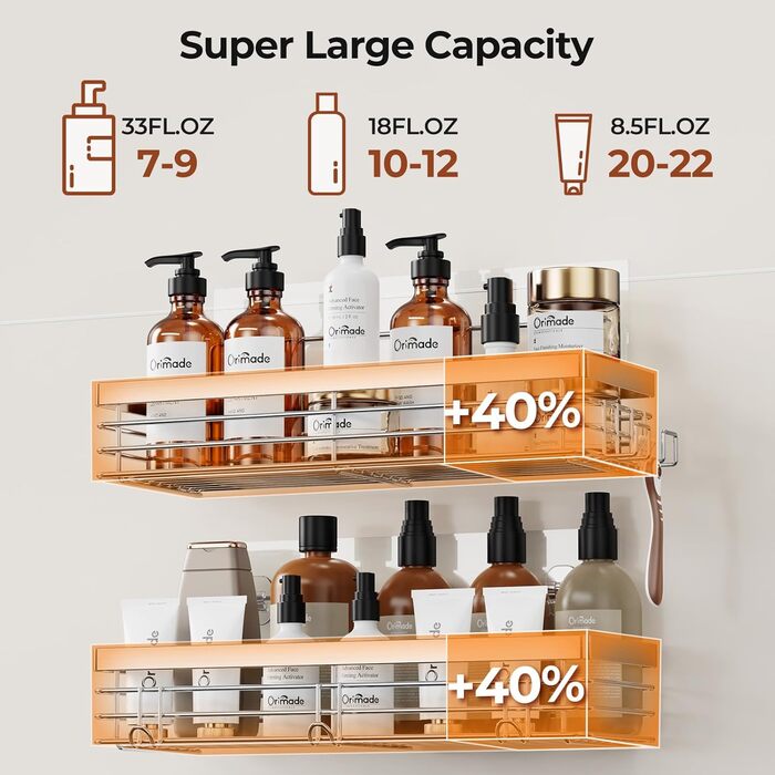 Полиця для душу Orimade без свердління - Душова полиця з 5 гачками, полиця для ванної кімнати без свердління, нержавіюча сталь, 2 шт., 01-Сріблястий