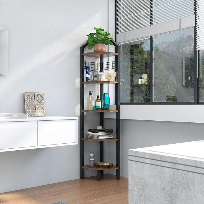 Кутова полиця YMYNY, книжкова полиця з 5 полицями, дротяна сітка, 28x28x180 см, полиця-драбина, полиця для рослин для вітальні, спальні, кухні, балкону, промисловий дизайн, вінтажна HBR006H