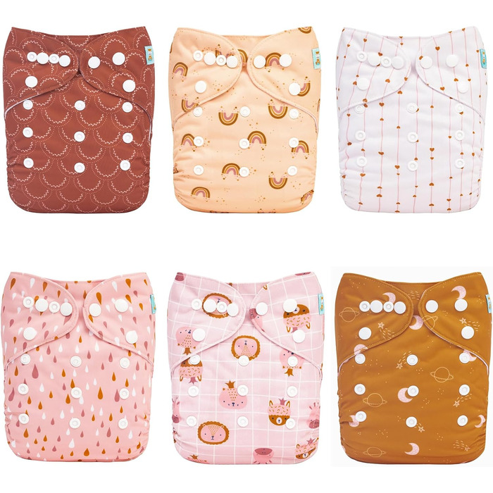Підгузки тканинні дитячі, багаторазові, що перуться, 6 підгузків 12 тканинних вкладишів 6DM104-EN