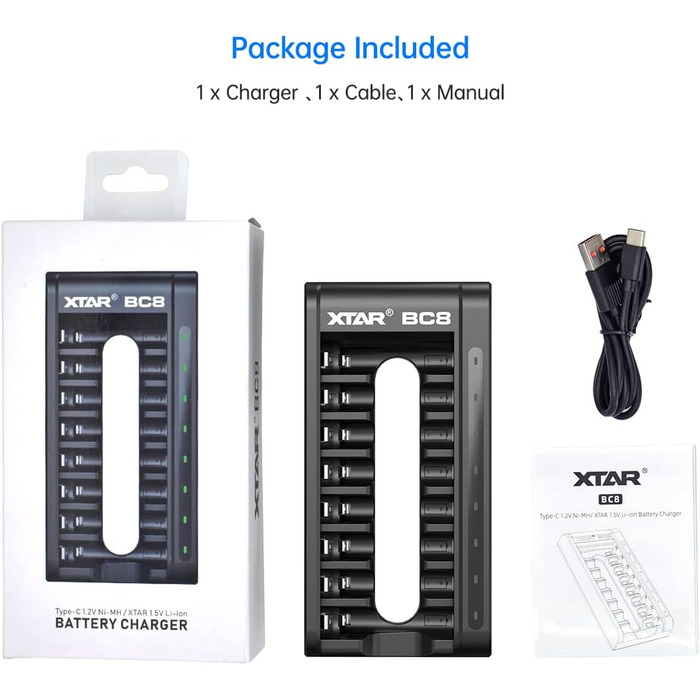 Зарядний пристрій XTAR BC8, 1,5 В, акумуляторні батареї, зарядний пристрій типу C для літій-іонних та 2 нікель-металгідридних акумуляторів типу AA/AAA (зарядний пристрій BC8), чорний, зарядний пристрій BC8