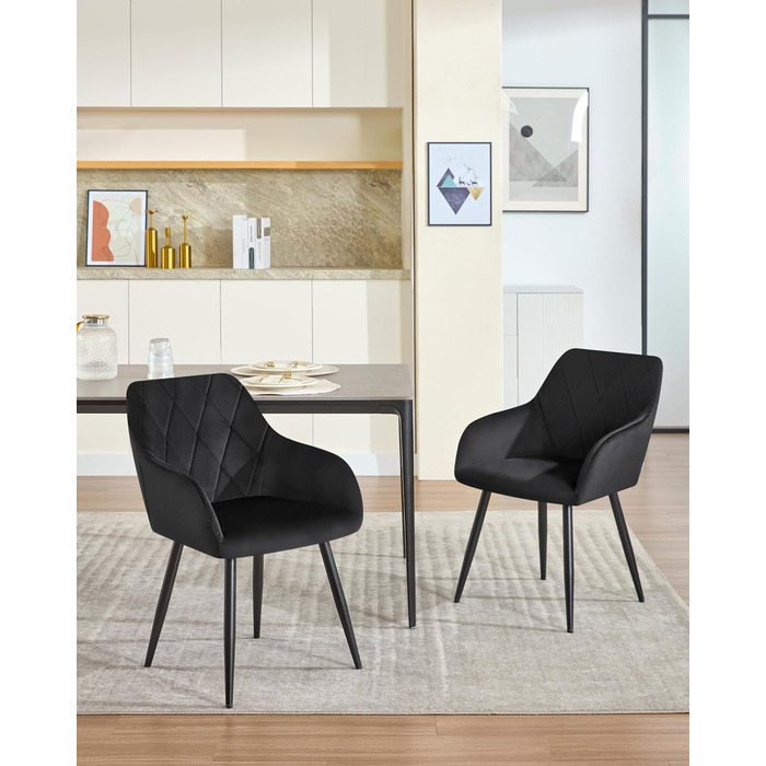 Комплект із 2 обідніх стільців з підлокітниками та спинками, для їдальні, вітальні, кухні, м&39які кухонні стільці з оксамитовим покриттям, металеві ніжки, чорний, комплект із 2 шт.