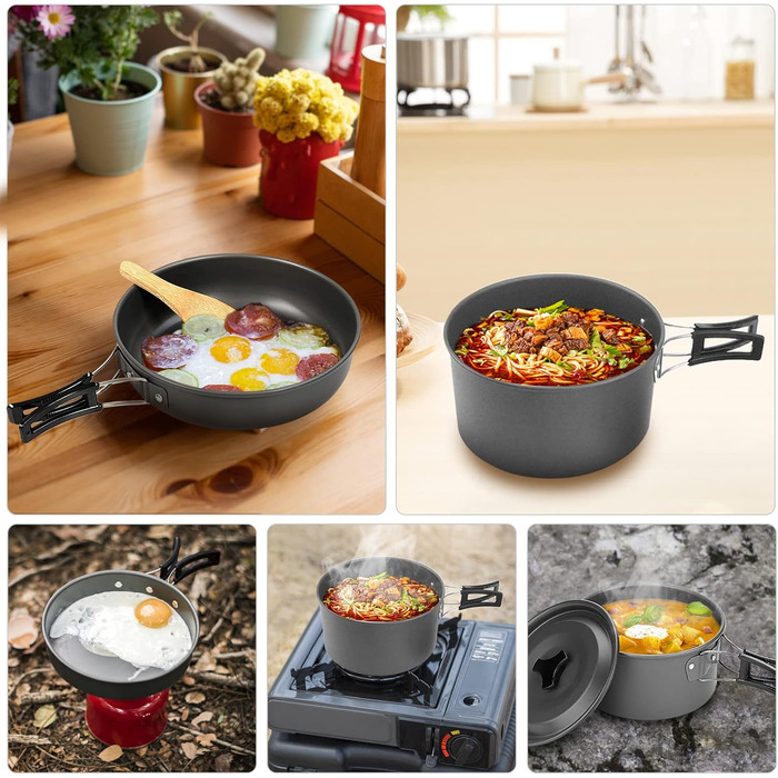 Набір посуду Lixada для кемпінгу каструля, сковорода та столові прибори для приготування їжі на 1-2 особи з сумкою для зберігання