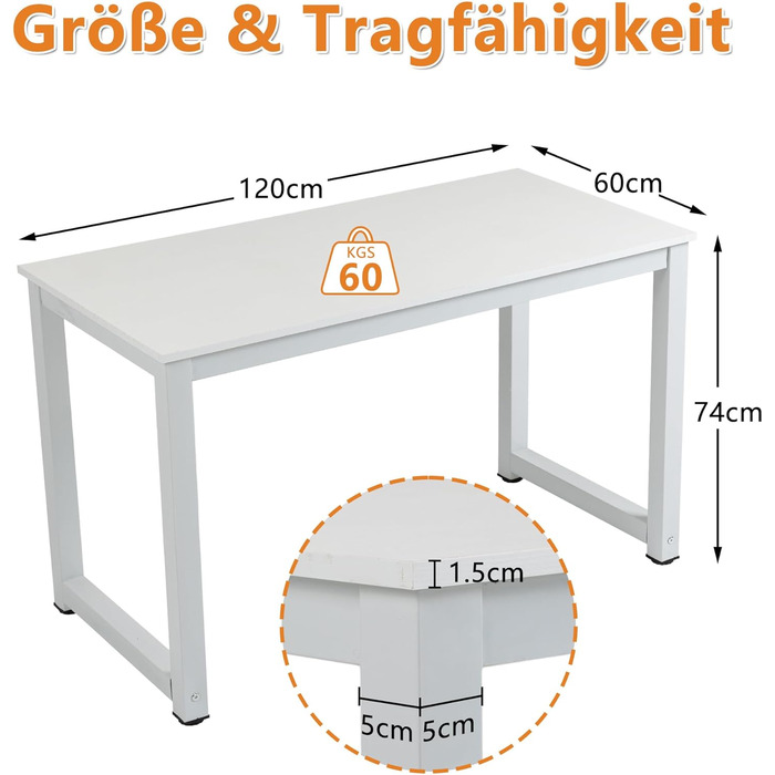 Комп&39ютерний стіл, письмовий стіл 120 x 74 x 60 см, стіл для ПК, офісний стіл в індустріальному стилі, металевий каркас (білий/білий) Білий/білий