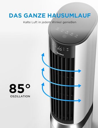 Мобільний охолоджувач повітря Midea з водяним охолодженням, 7л резервуар для води, продуктивність 2000 м/год, Sensicool Smart Temp Control, іонізація, 6 швидкостей, 5 режимів, таймер на 12 годин, сенсорний дисплей, білий колір, резервуар 7л