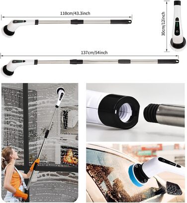 Електрична щітка для чищення, щітка для чищення душової кабіни FARI з 8 змінними насадками, акумуляторна скребок з регульованою ру