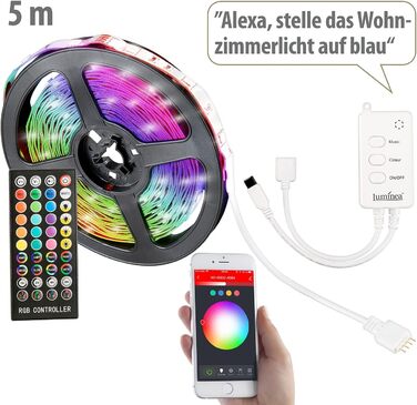 Світлодіодна стрічка Luminea Home Control світлодіодна стрічка WLAN RGB з керуванням звуком, додаток, голосове керування, 5 м (світлодіодне скляне освітлення підлоги, світлодіодна стрічка WiFi, освітлення шафи)