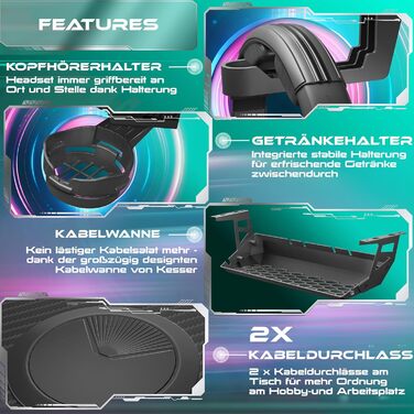 Ігровий стіл KESSER зі світлодіодним освітленням, 120 см x 60 см Z-подібний ігровий стіл Кріплення для навушників та покриття з вуглецевого волокна Ергономічний комп&39ютерний стіл Міцний стіл з підсклянником, чорний, 120 x 60 см, вуглецеве волокно зі сві