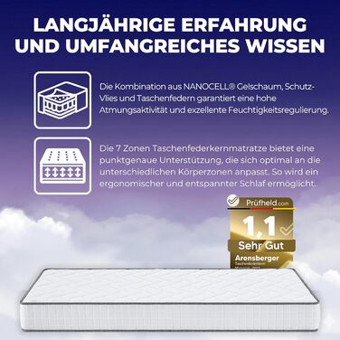 Матрац Arensberger JANA 120x200 см Матрац з пружинами кишенькової конструкції 20 см з 2 см гелевої піни NANOCELL 7-зонний рівень жорсткості H3 Матрац з точково-еластичними пружинами, що згортається Сертифіковано Oeko-Tex 120 x 200 см ACTIVE