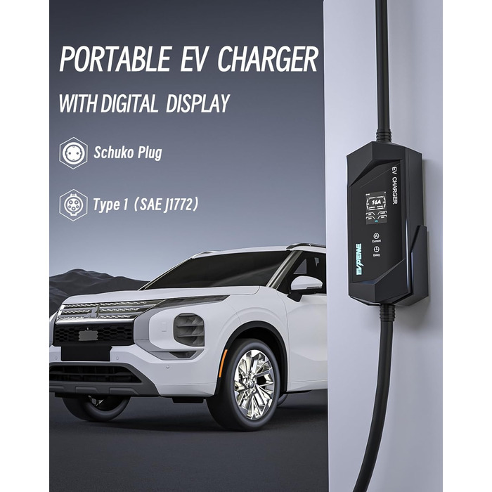 1 Charging Cable Schuko EV Charger 3.68KW, 1 Phase, 5M, Adjustable Current 6-16A Portable Home EVSE Charger for Electric Vehicle SAE J1772, EV Charging Station with Carrying Bag, IP65, 1 Charging Cable Schuko EV Charger 3.68KW, 1 Phase, 5M, Adjustable Cur