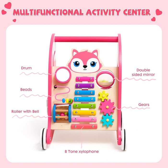 Дерев&39яні дитячі ходунки з іграшками Монтессорі, гумовими шинами, сортувальником фігур, шестернями, дзеркалами, ксилофоном та барабанами, підходить для дітей від 9 місяців, рожевого кольору