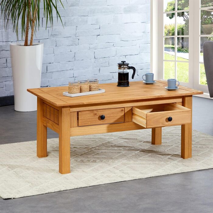 Журнальний столик IDIMEX Cancun з двома шухлядами стіл для вітальні, масив сосни, морений/вощений
