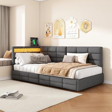М&39яке ліжко 90x200 см, односпальне ліжко з місцем для зберігання речей, диван-ліжко з 2 шухлядами, кушетка зі світлодіодним підсвічуванням та USB, дитяче ліжко з рейковим каркасом, лляне, без матраца (сірий, 90 x 200 см) Сірий 90 x 200 см