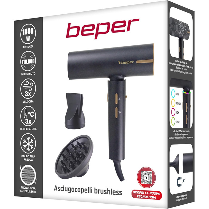Безщітковий фен BEPER P301ASC010, 1800 Вт, 3 швидкості, 3 температурні режими, LED-індикатор температури, функція самоочищення сітки, чорний, з аксесуарами