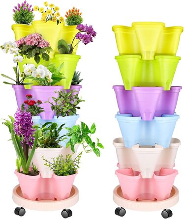 Вежа для рослин WADEO з горщиками, що штабелюються, вертикальний сад з 6 ярусами, горщик для полуниці, трав, квітів та овочів, що штабелюється, економія місця до 12 рослин (різнокольоровий)